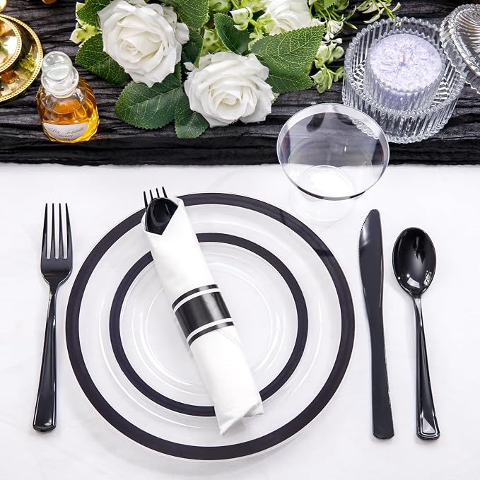 Liacere 350PCS Clear Black 350PCS Disposable Dinnerware Set for 50 Guests- 100 Plastic Plates, 50 Pre rolled Black Silverware,50 Plastic Cups for Wedding & Party & Graduation& 4th of July