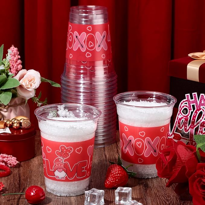 Meanplan 100 Pcs 12 oz Valentine Plastic Cups Bulk Valentine Drinking Cups Pink Heart Glasses Drinking Galentine Day Party Favor Supplies for Beverages Iced Juice Wedding Anniversary(Love Style)