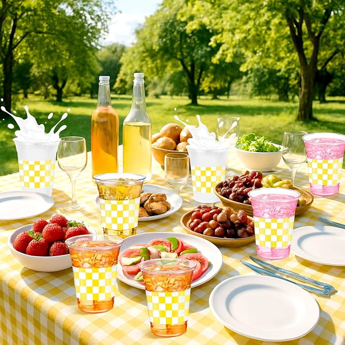 SiliFine 50 Pcs 12 oz Yellow Checkered Plastic Cups Clear Disposable Gingham Plaid Party Cups for Baby Shower, Dinner Birthday Baby Shower Wedding Party Decorations