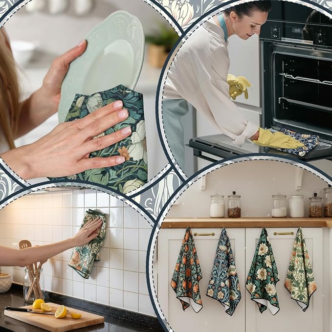 Tegeme 4 Pcs William Morris Floral Kitchen Dishcloth Retro Vintage Flowers Dish Towel 18 x 26 Inch Reusable Absorbent Towel Microfiber Decor for Bathroom Baking Cooking Cleaning Holiday Party Supplies