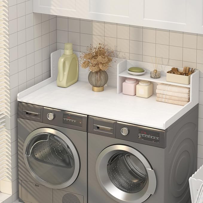Washer Dryer Countertop - 2-Tier Wood 54" x 27.5" Laundry Topper with Safety Guard & Non-Slip Pads, Over the Washer Dryer Folding Shelf for Maximum Space Saving (White)