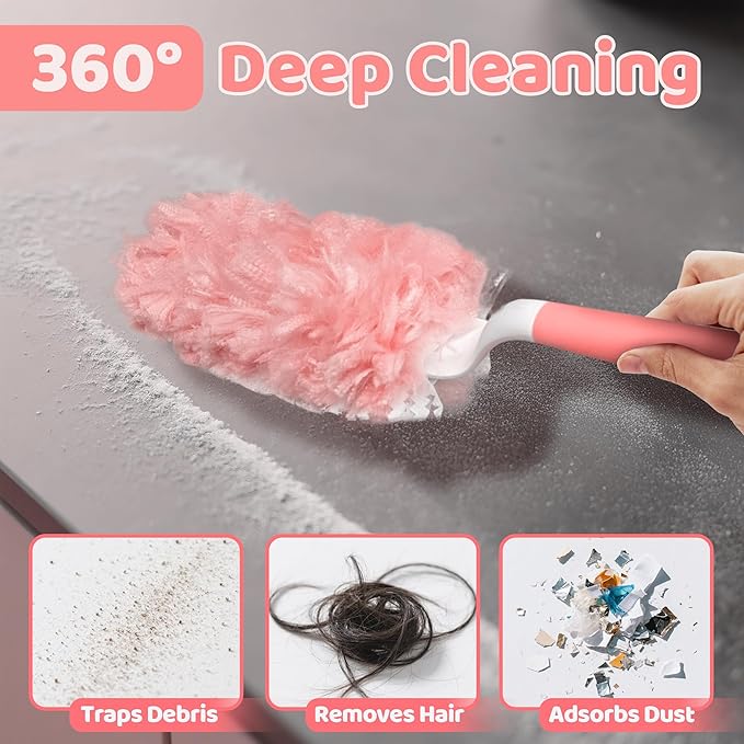 360° Dusters Refills for Cleaning - 80 Count Disposable Feather Duster Kit with 2 Handles, Multi-Surface Microfiber Feather Dusting Cleaner for Furniture Blinds Windows Ceiling Fans (Pink)