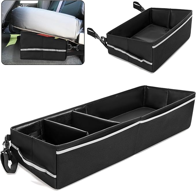 GRAOSO Trunk Under Seat Storage Fit for Super Crew, Tool Organizer Box Under Rear Seat for Three Seats with Removable Bottom Boards, Side Handles and Hook Snap Fix Straps, Black