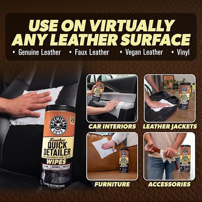 Chemical Guys Leather Quick Detailer Wipes in Canister (30 ct) (2 Pack) – Easy-Clean Conditioning Wipes for Leather Seats, Interiors & Accessories
