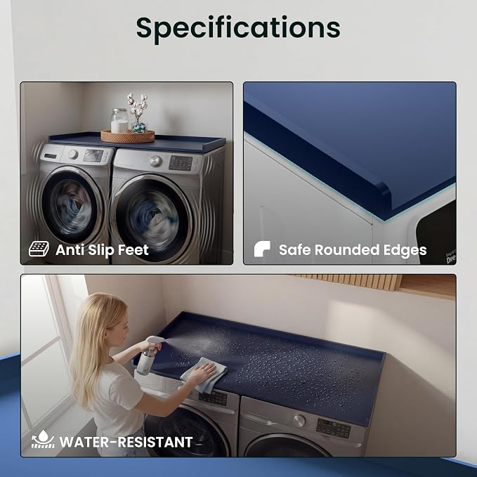 Premium Washer Dryer Countertop 54" W x 27.5" D x 3.1" H, One Solid Base Board Laundry Room Topper with Edge Rails, Washing Machine Top, Painted Finish, Anti-Slip Feet, Engineered Wood, Blue Color