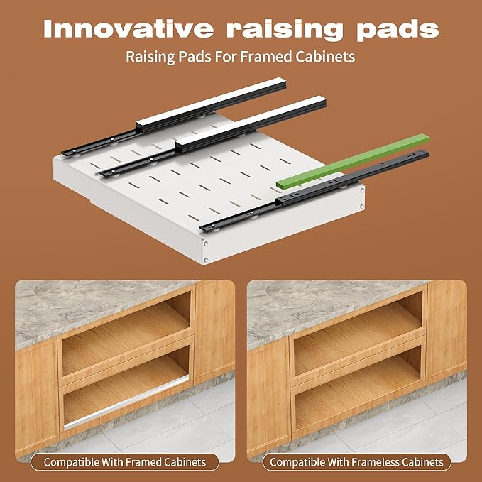 4 Pack Pull Out Cabinet Organizer Expandable,Adjustable 12-21 Inch Width Slide Out Drawer Shelves,Painted Carbon Steel with Heightening Pad,No Drill,for Kitchen/Bathroom/Pantry/Under Sink/Laundry Room