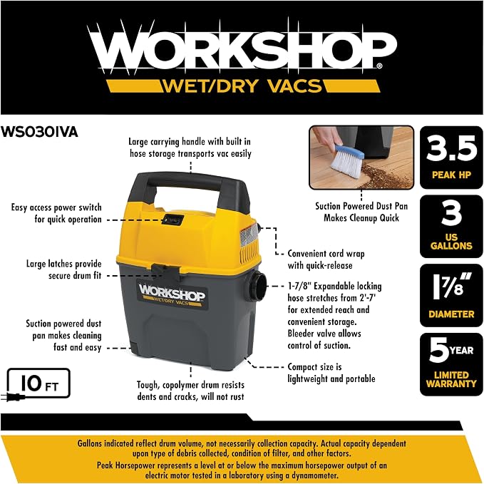 WORKSHOP Wet/Dry Vacs WS0301VA 3-Gallon 3.5 Peak HP Wet Dry Vacuum Cleaner | Portable Shop Vacuum with Built-in Dust Pan, Filter, Dust Bag, Expandable Hose, and Attachments for Home and Car Cleaning