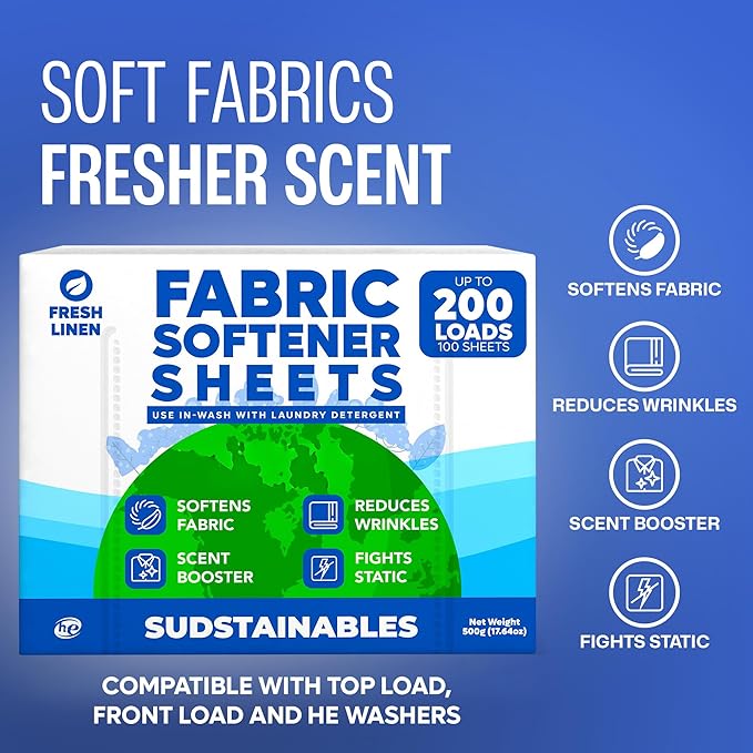 Sudstainables Washing Machine Cleaner, 100 Sheets Fresh Linen Laundry Detergent, Fabric Softener Sheets, and Water Bottle Cleaner tablets