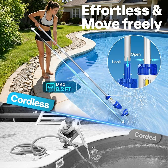 VIVOHOME 19.5GPM Handheld Pool Vacuum 75min Runtime 2.6L Filter | Powerful 40W Motor Suction Cordless Cleaner, Adjustable 8.2FT Pole for Above Ground & In-Ground Pools