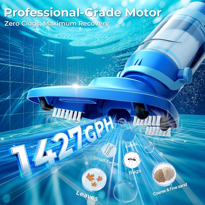 Pool Vacuum for Above Ground Pool, 1427 GPH Powerful Stable Suction, Telescopic Pole up to 90.7", 1H Runtime, Cordless Pool Vacuum for Inground Pools, Extra-Large Filter, Ideal for Leaves/Sand/Debris