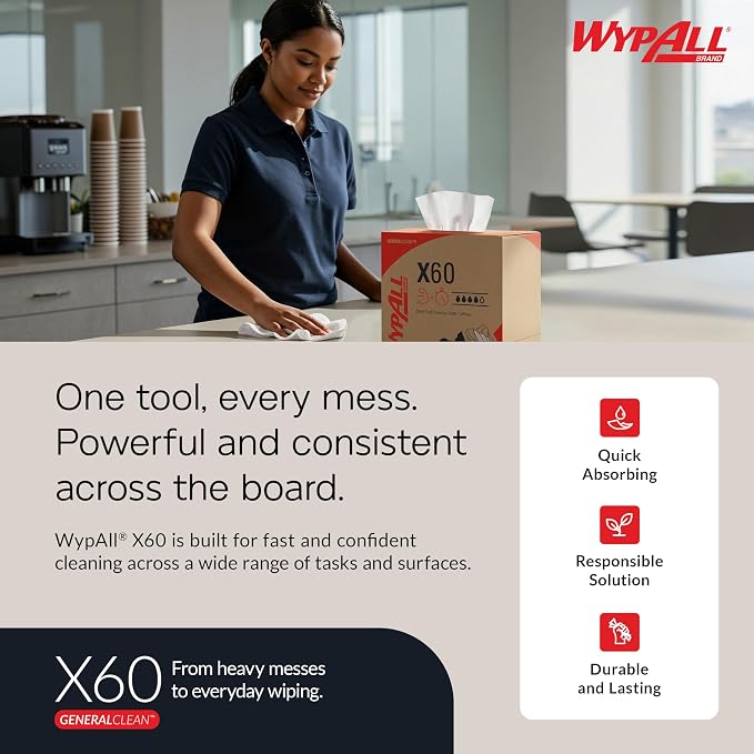 WypAll GeneralClean X60 Cloths Multi-Task Cleaning Wipes (34900), Strong and Absorbent Towels, White (6 Packs of 150 Sheets, 900 Sheet Total)