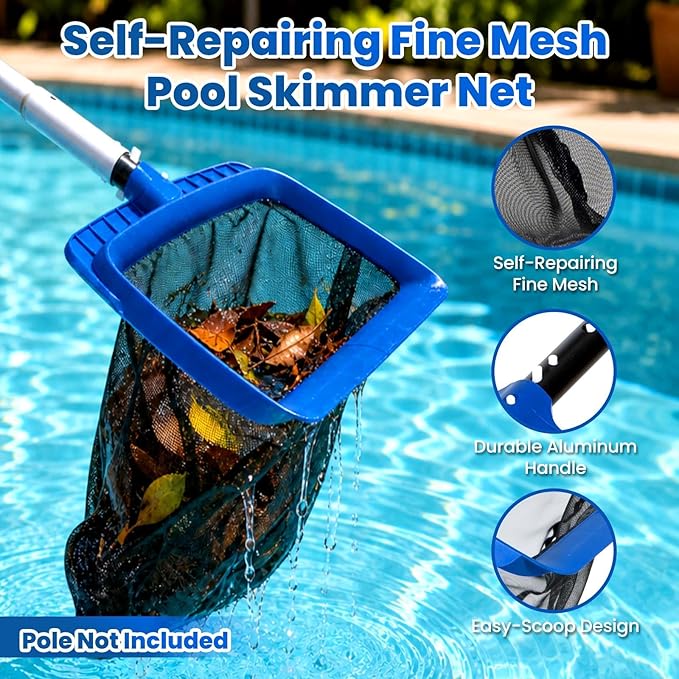 POOLAZ Pool Cleaning Kit, 3 in 1 Pool Net Skimmer & Pool Brush Head for Inground Pools & Above Ground Pools, Durable Pool Skimmer Nets & Pool Brush Compatible with Standard Pool Pole