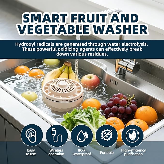 Cleaner, Portable Food Cleaner for Removing Surface Impurities, Wax & Grime, 10-Minute Automatic Cleaning, IPX7 Waterproof. Applicable to Fruits, Meat, Veggies and Grains.