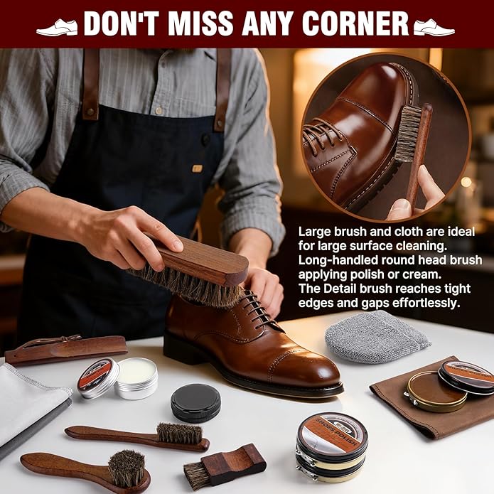 EFO SHM Shoe Shine Kit – 15-in-1 Leather Shoe Polish & Care Set with 4 Horsehair Brushes, Black Brown Neutral Wax, Mink Oil, 3 Cloths Shine Sponge Boot Care Cleaning Mens Gifts Luxury Leather Case