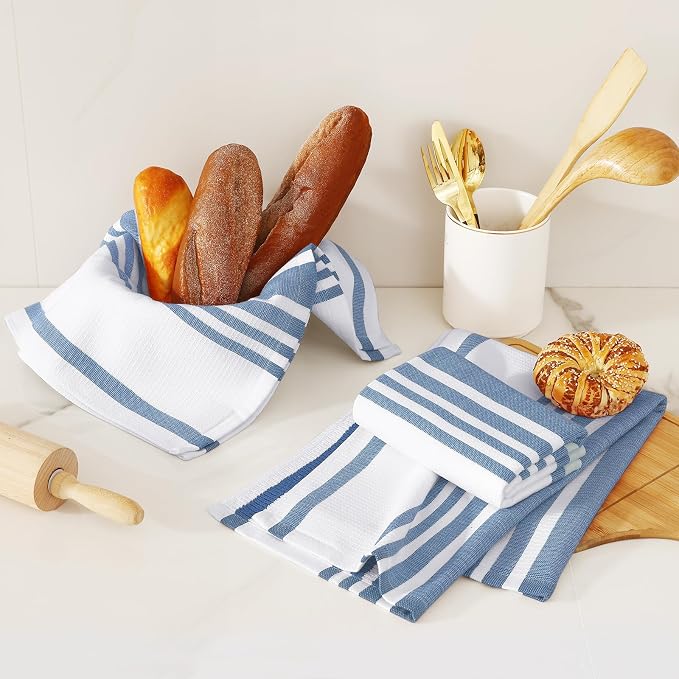 Homaxy Premium Kitchen Towels 18”x 28”, Large Cotton 380 GSM Kitchen Hand Towels, Stripe and Terry Dish Towel, Highly Absorbent Tea Towel Set with Hanging Loop, 3 Pack, Navy Blue