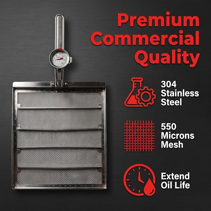 Commercial Deep Fryer Filter AF45, 13.75" x 13.75" 304 Stainless Steel with Thermometer, 550 Micron Skimmer Fryer Strainer for Kitchens & Restaurants, Extend Oil Life by 40%