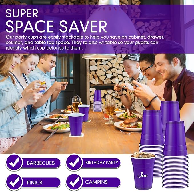 Mimorou Puple 200 Pack Plastic Cups 16 oz Disposable Cups for Party Wedding Halloween Stackable Beverage Drinking Tumbler Heavy Duty for BBQ Birthday Baby Shower