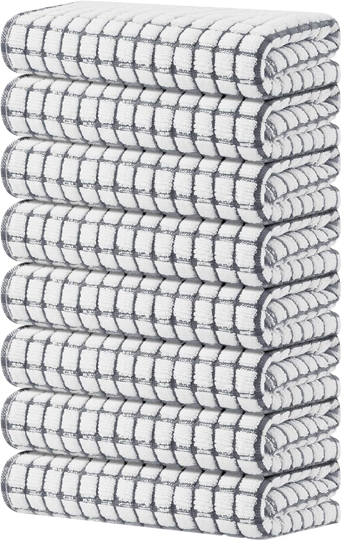 Kitinjoy Cotton 8 Pack Terry Kitchen Towels, 16 x 25 Inches Super Soft and Absorbent Dish Towels, Quick Drying Hand Towels for Kitchen Drying, Grey