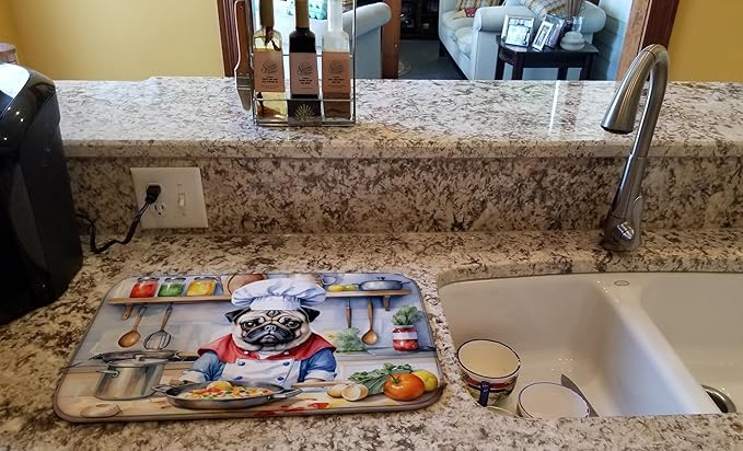 Caroline's Treasures DAC6311DDM Pug The Chef Dish Drying Mat Absorbent Dish Drying Mat Pad for Kitchen Counter Dish Drainer Mat for Countertop, 14 x 21", Multicolor