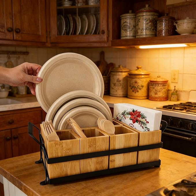Bamboo Utensil Caddy with Handle - 5 Compartment Silverware Holder for Party & Kitchen Countertop - Removable Wooden Flatware Organizer for Picnic, BBQ, Buffet, RV & Outdoor Dining
