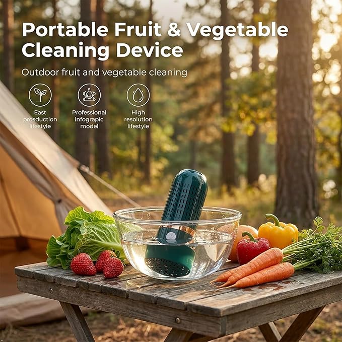 Produce Cleaner – Portable OH-ion Fruit & Vegetable Washer, Deep Cleans Produce, Meat & Seafood in 10 Minutes, No Scrubbing, IPX7 Waterproof, for Home, Travel & Outdoor