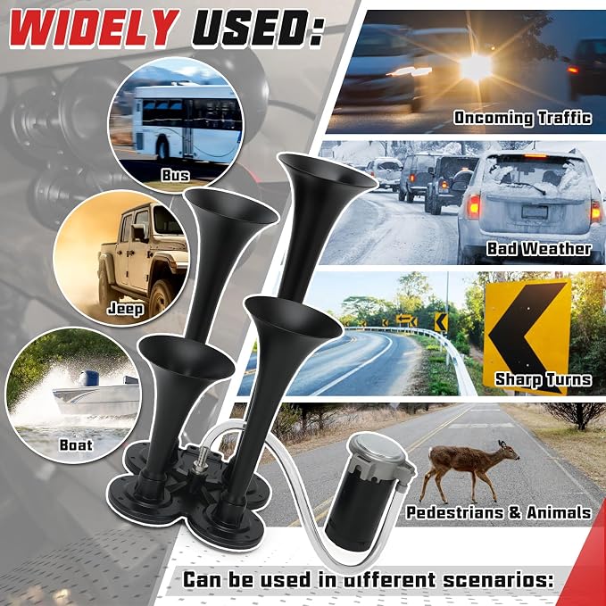 PTNHZ Double Row 4 Trumpet Air Horns Kit w/Air Compressor (No Wiring Harness & Button Switch) 12/24V Super Loud 178dB Universal for Pickup Car Jeep SUV Train Boat(Black)