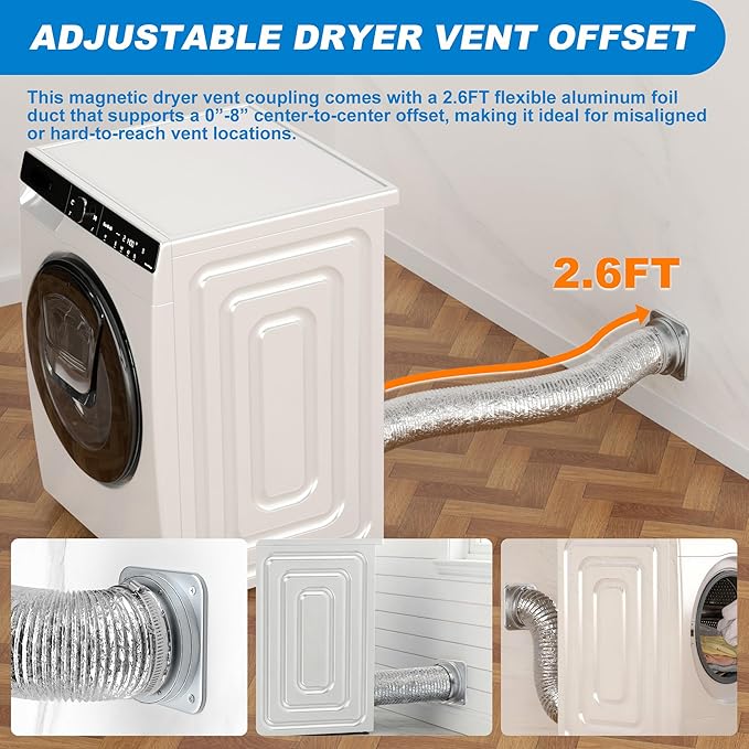 Magnetic Dryer Vent Connector Kit - Strong Magnet Airtight Seal Dryer Vent Hose for Tight Space, Quick Connect Disconnect, Easy to Clean 4-inch Sealed Hose with Clamps & Screws