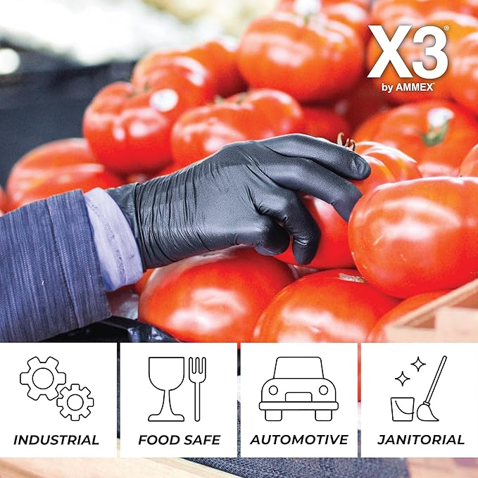 X3 Black Gloves, Disposable, Latex Free, Nitrile, for Cooking, Food Prep, 3 Mil, Powder-Free, Sizes Small through XX-Large