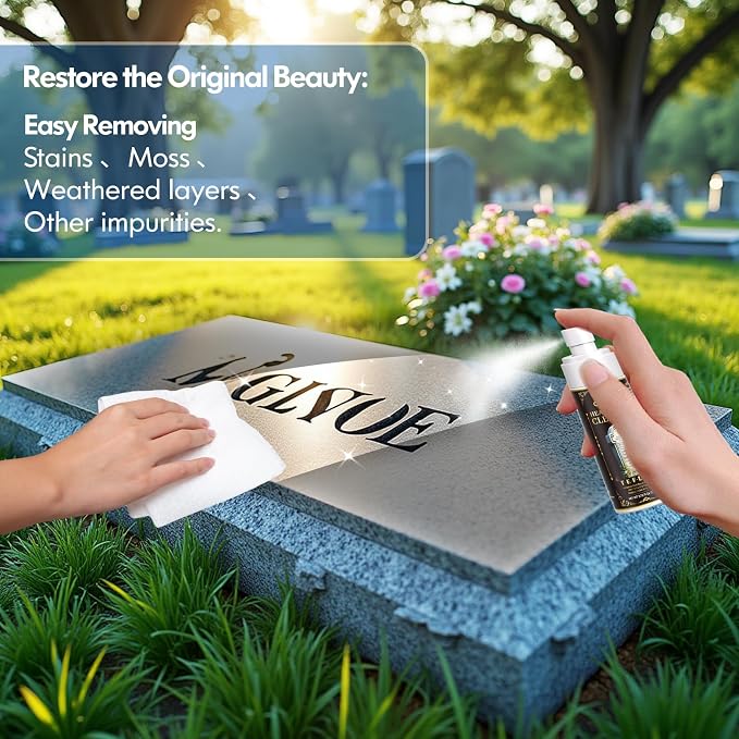 Headstone & Gravestone Cleaner for Memorials – Safe for Granite & Stone, Non-Acid Formula Gently Removes Dirt & Organic Stains (10.14 fl oz)