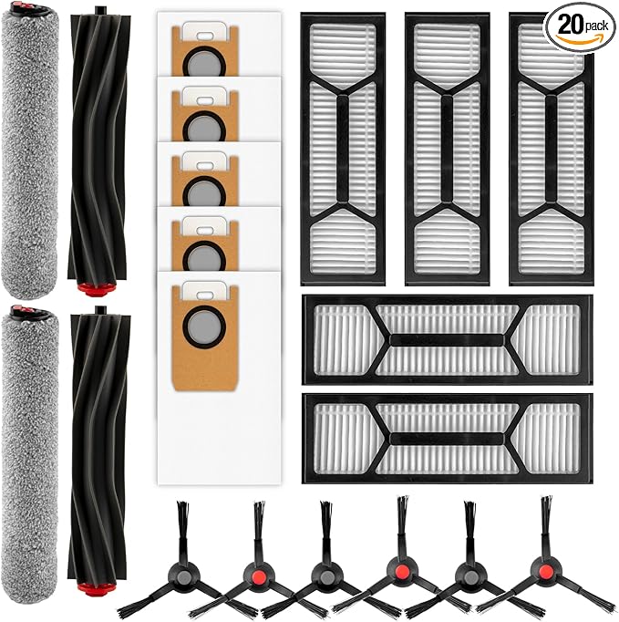 (20 Pack) Omni S1 Pro Replacement Parts Compatible with Eufy Omni S1 Pro Robot Vacuum Cleaner, Accessories Kit, 2 Rubber Roller Brushes, 2 Roller Mops, 6 Side Brushes, 5 Dust Bags, 5 HEPA Filters