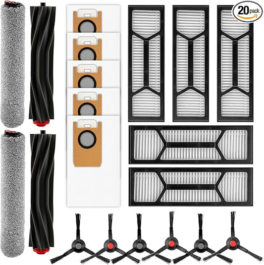 (20 Pack) Omni S1 Pro Replacement Parts Compatible with Eufy Omni S1 Pro Robot Vacuum Cleaner, Accessories Kit, 2 Rubber Roller Brushes, 2 Roller Mops, 6 Side Brushes, 5 Dust Bags, 5 HEPA Filters