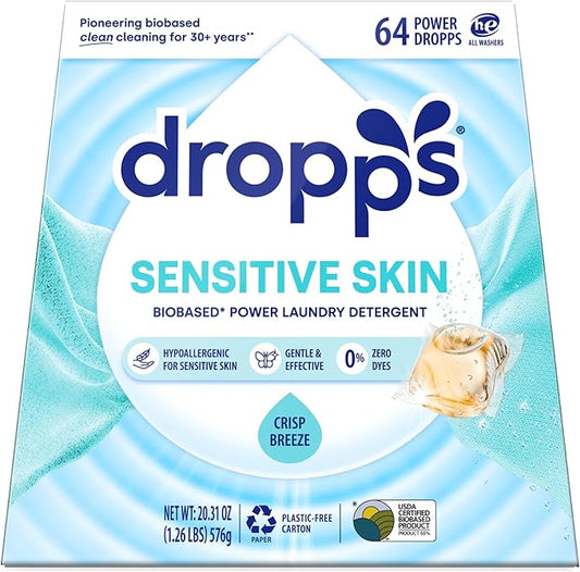 Dropps Sensitive Skin Laundry Detergent Pods, Crisp Breeze (64 Count) - Hypoallergenic & Dermatologist Tested | Dye Free | Laundry Pods for Sensitive Skin | Clean Ingredients | Plastic Free Packaging