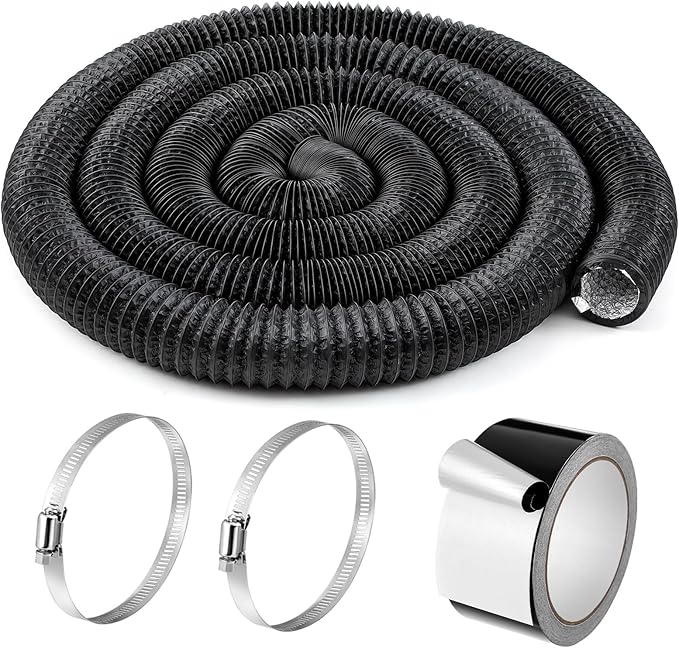 Zonon Dryer Vent Hose 3 Inch x 16 Feet Flexible Aluminum Foil Ducting Non Insulated with Stainless Steel Clamps and Aluminum Tape for Pipe, HVAC Heating Cooling Ventilation and Exhaust(Black)