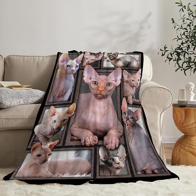 Sphynx Cat Gifts and Decor - Cute Throw Blanket for Girls, Women, Kids, Adults - Soft, Warm, Cozy Fleece Blanket for Couch, Sofa, Bed - 60"x50"