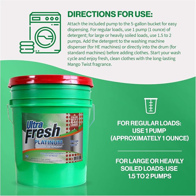 Ultra Fresh Liquid Laundry Detergent Washing Soap, 3X Platinum, 5 Gal, Mango Twist - Concentrated Stain Remover and Odor Eliminator for HE and All Machine Types, Clothes, and Fabrics