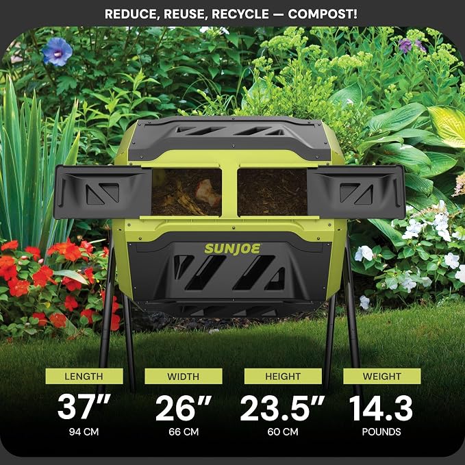 Sun Joe Outdoor Tumbling Composter Bin with 360° Dual Chamber, 2-10 Weeks Compost, 42 Gal - Rotating Composting Tumbler for Home Waste Management and Solution, SJ-CMPS1