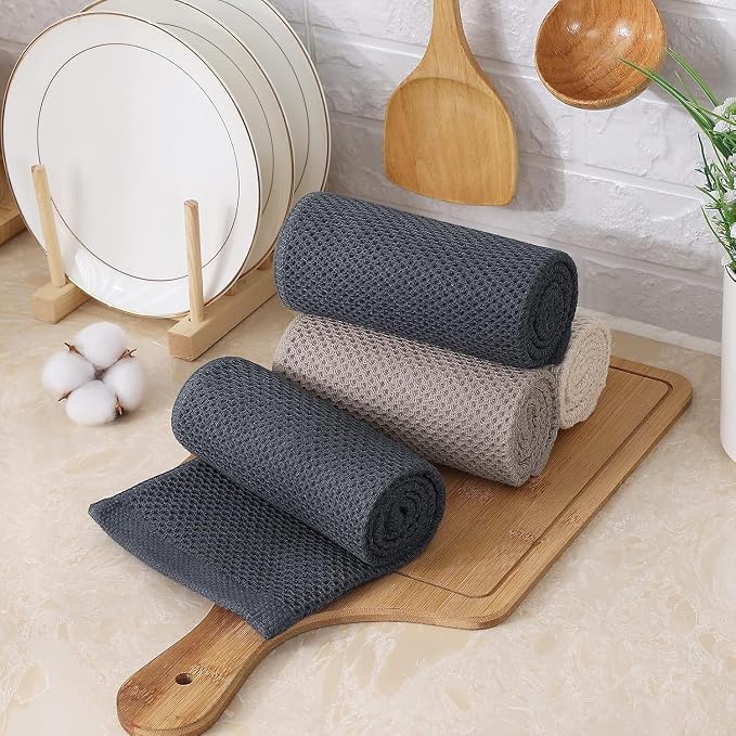 Kitinjoy 100% Cotton Waffle Weave Kitchen Hand Towels (13 X 28 Inches, Mixed Color), 12-Pack Super Soft and Absorbent Dish Towel for Drying Dishes