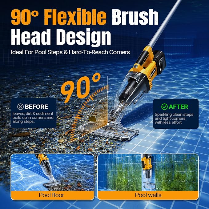 Cordless Handheld Pool Vacuum for Above Ground Pool Compatible for Dewalt 20V Battery, Swimming Leaf Vacuum Cleaner with Suction 18.5 GPM ｜7.5Ft ft Max Reach Ideal for Leaves & Debris(No Battery)