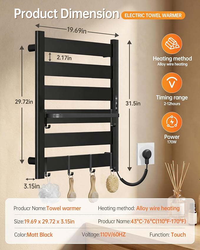 6-Bar Wall-Mounted Heated Towel Rack – Fast PTC Heating in 6 Minutes, Adjustable Temperature & Timer, Space Aluminum, Matte Black, Large Capacity Blanket Warmer,Towel Warmer for Family Bathrooms