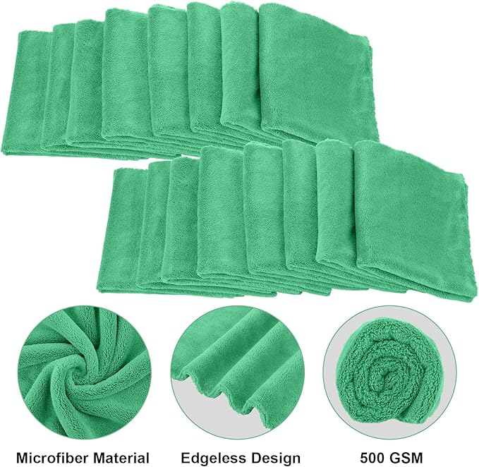 Shimeyao 30 Pcs Edgeless Microfiber Plush Towels for Cars Detailing Drying Wash Polishing Absorbent Cleaning Cloths, 500 GSM (16 x 16 Inch,Grass Green)