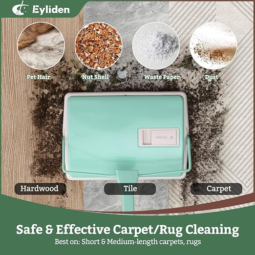 Eyliden X-Large Carpet Sweeper - Quiet Manual Sweeper for Carpets & Rugs | 1 Extra Refill Roller Brush, Non-Electric, Hand Push, Quietly Cleans Debris and Messes, Restaurant Roller Broom, Mint