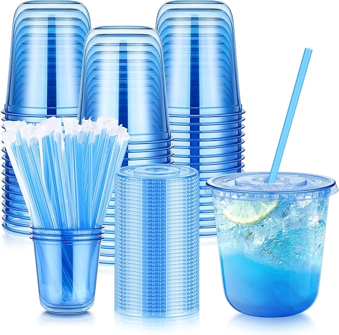 KesaPlan 50 Pack 12 oz Blue Plastic Party Cups with Lids & Straws, Disposable Iced Coffee Cup with Lids, Round Bottom Drinking Cups for Cocktail Cold Beverages Birthday Wedding Picnics Party Supplies