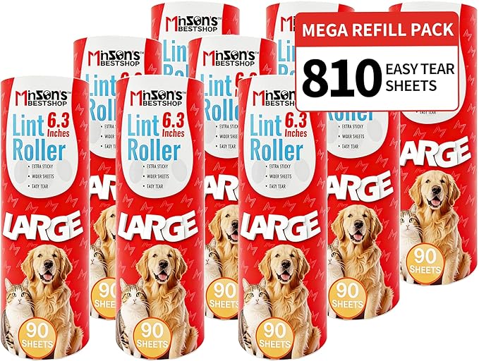 Minson’s BestShop Extra Sticky Lint Roller Refills Only - 9 Rolls Mega Refill Pack, 810 Total Sheets, 6.3” Extra Wide for Pet Hair Removal, Dog & Cat Lint Remover - No Handle Included