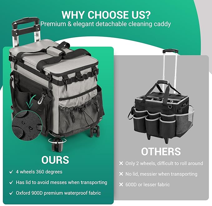 Large Rolling Cleaning Caddy Bag w/Detachable Trolley & Lid - Portable Cleaning Cart on Wheels w/Shoulder Strap & Waist Pouch - Cleaning Supplies & Tool Organizer for Home, Office, Car (Gray)