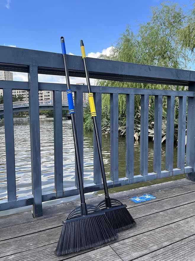 Four-Section Rod Long-Handled Broom,Heavy-Duty Broom, Angle Broom for Outdoor/Indoor（Black+Blue）
