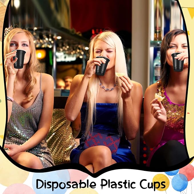 Sabary 100 Pack 12oz Plastic Cups Black Graduation Heavy Duty Drinking Disposable Cups with Lines for Beverage Holiday Camping Barbecues Birthday Party Summer Outdoor Picnic(Black and White)