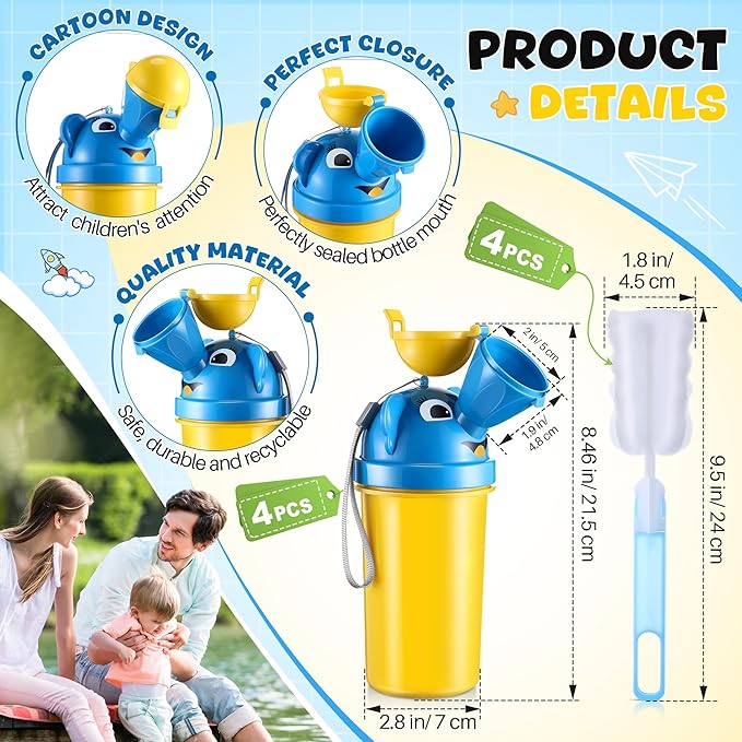 Saillong 4 Pack Portable Urinal for Kids, 17 OZ Travel Potty Urinal for Boys with 4 Clean Brush, Leak Proof Portable Pee Bottle, Boy Emergency Toilet for Kids Outdoor Car Travel Camping Potty Training