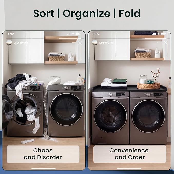 NORTH BLOOM Premium Washer Dryer Countertop 54" W x 27.5" D x 3.1" H, One Solid Base Board Laundry Room Topper with Edge Rails, Washing Machine Top, Painted Finish, Anti-Slip Feet (Black Color)