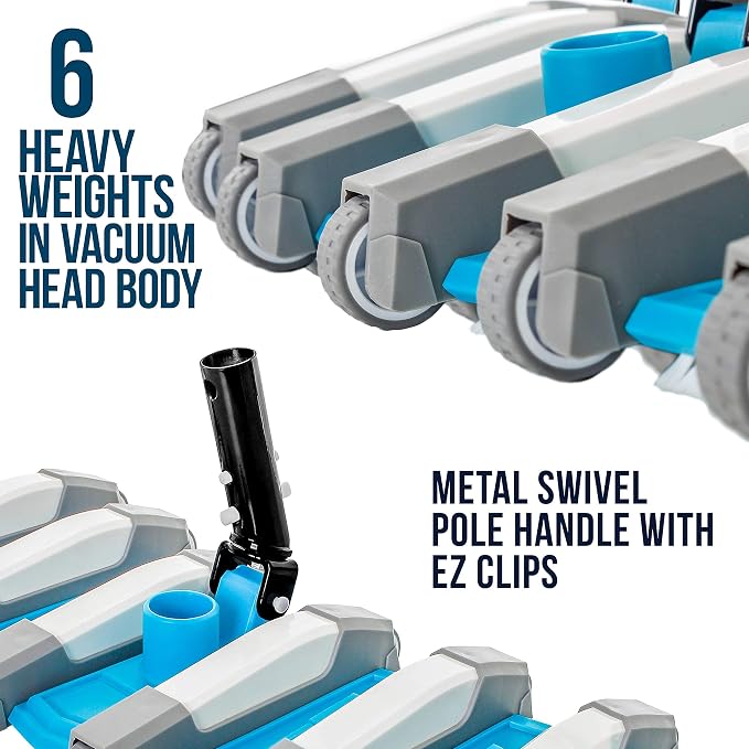 U.S. Pool Supply 23" Manual Pool Vacuum Head for Inground Pools, Extra-Wide, Side Brushes, Flexible, Weighted - Swivel Direction-Control Metal Pole Handle - 7lbs 6 Weights, 12 Wheels, Attach 1.5" Hose