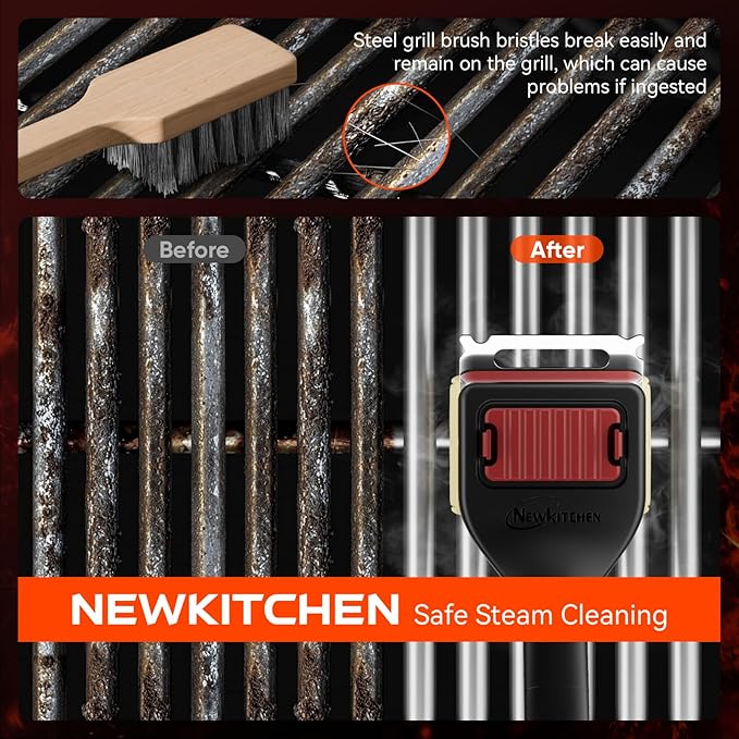 NEWKITCHEN Grill Brush Bristle-Free Steam Cleaning, BBQ Brush Replaceable Heat-Resistant Kevlar Head with Grill Scraper Safe Barbecue Grill Cleaner for All Grill Types (2 Pack Cleaning Head)